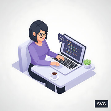Isometric professional woman developer coding on laptop computer while sitting at desk with coffee cup and small succulent plant in office setting.