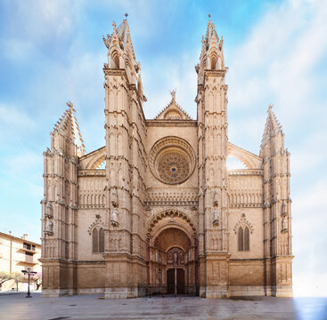 Facade of La Seu Cathedral in Palma de Mallorca  - Entrance and west, Spain
