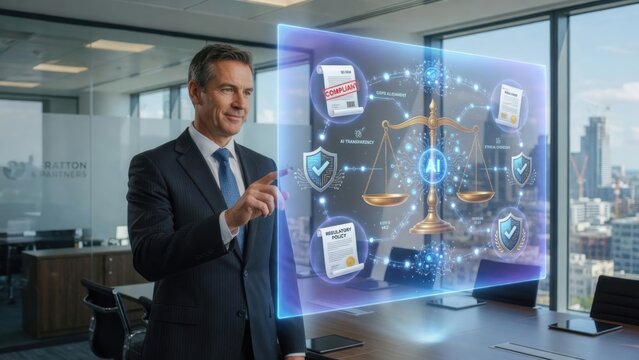 A businessman interacts with a holographic interface displaying AI governance, regulatory compliance, and ethical principles for corporate strategy and legal technology presentations.