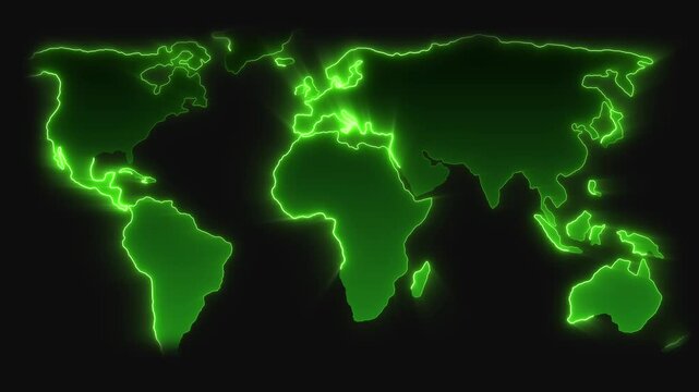 Illuminated neon green world map on black background. Illuminated neon green world map continents. Illuminated neon green world map for global business and network graphics.