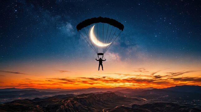 Surreal Skydiver with Parachute Over Crescent Moon and Sunset