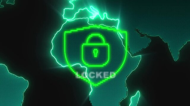Digital world map with neon green shield icon. Digital world map with locked padlock. Digital world map for cybersecurity data protection and global network safety visuals.