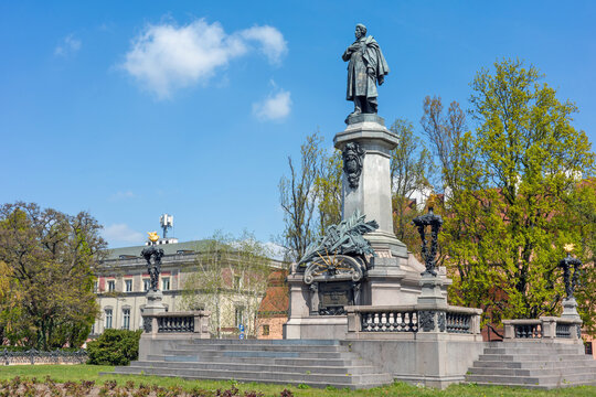 Warsaw, Masovian Voivodeship, Poland - April 25, 2026: The Adam Mickiewicz Monument stands under a bright sky at Krakowskie Przedmiescie street.