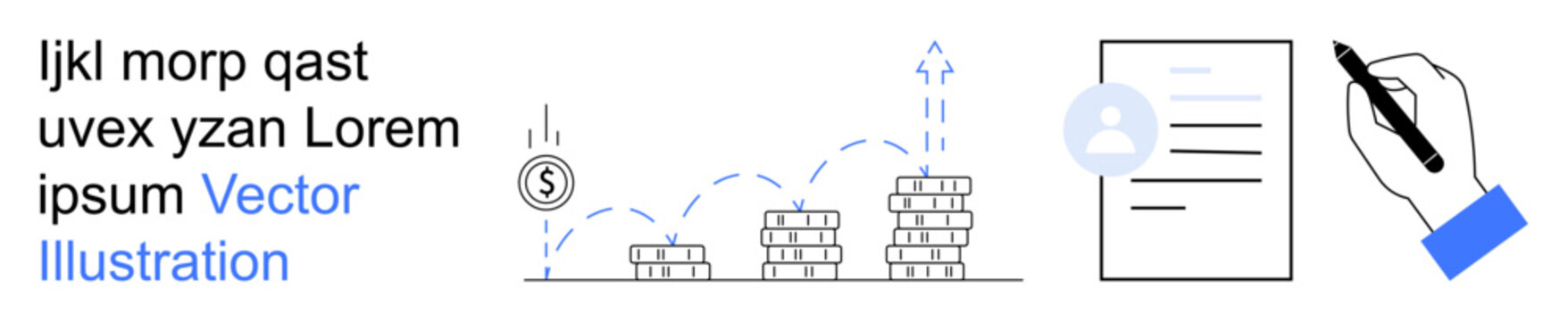 Financial planning, business management, digital identity, document processing, growth strategy, user authentication. Coins stacked with increasing height, document signing graphic. Financial