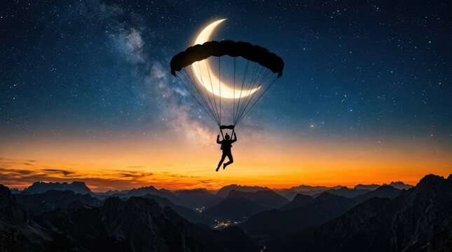 Base Jumper Silhouetted Against Crescent Moon and Night Sky