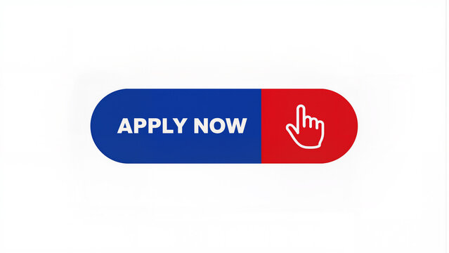 Blue and red apply now button with hand icon on white background
