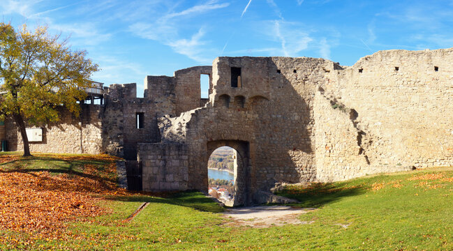 Austria - Ruins of Hainburg an der Donau, Ancient architecture. Gateway to the castle. Travel destination. Beautiful place. Cultural heritage