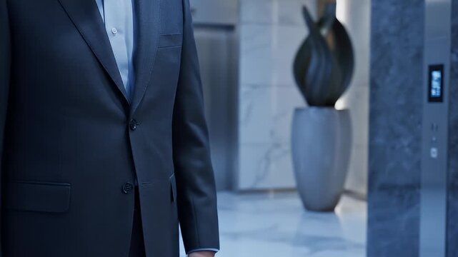 Businessman extending hand invitingly in modern office lobby with elevator
