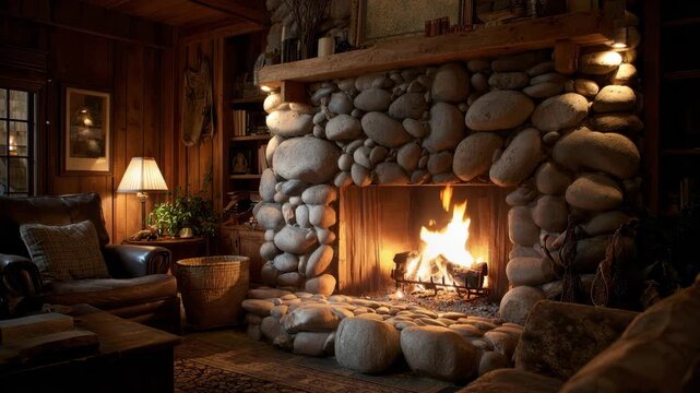 Stone fireplace burning logs provides warmth and comfort in a cozy rustic living room
