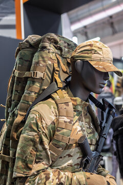 Military Mannequin With Multicam Uniform Large Backpack And Camo Cap