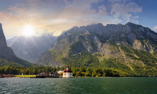 Wonderful St Bartholoma church with alpine lake Konigsee, Bavaria, Germany