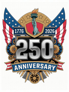 Mechanical USA 250th anniversary emblem featuring Statue of Liberty, eagle wings, gear wheels, American flags, and bold ribbon banner marking 1776 to 2026 semiquincentennial independence for patriotic