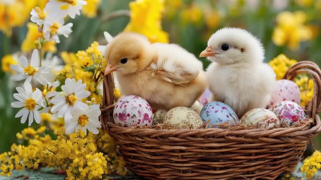 Two fluffy chicks nestled with colorful easter eggs in a wicker basket among spring flowers