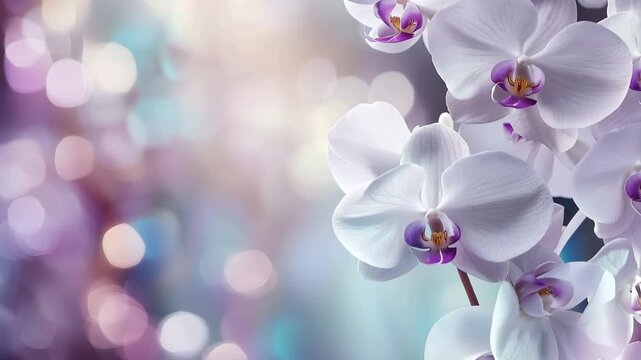 White phalaenopsis orchids blooming with delicate purple details and a dreamy bokeh background, copy space