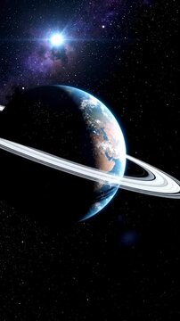 A detailed planet with rings orbiting in deep space, illuminated by a bright star, surrounded by a nebula and countless stars