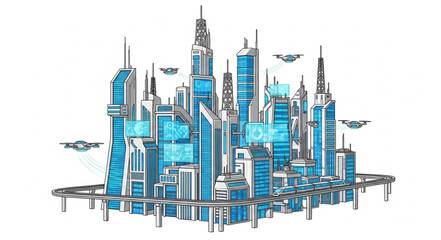 Obraz premium Futuristic Cityscape with Tall Skyscrapers and Flying Vehicles.