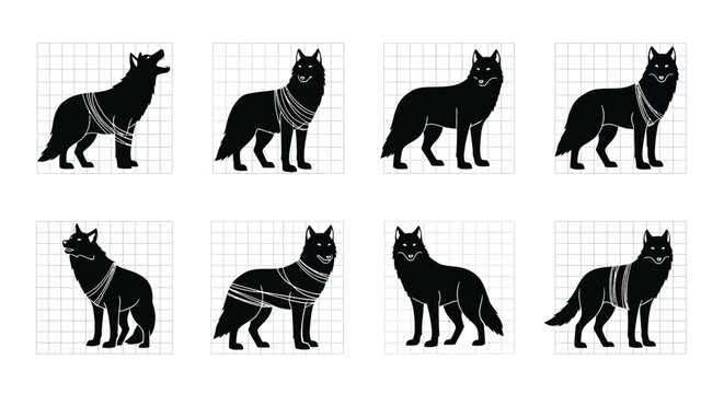 Set of black wolf silhouettes with harnesses in various poses on grid background
