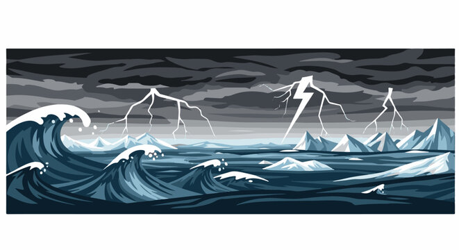 Turbulent ocean with crashing waves under a stormy, lightning-filled sky