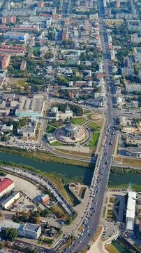 Vertical video. Tula, Russia. Zarechensky bridge. General panorama of the city from the air. Drone footage. Rich colors