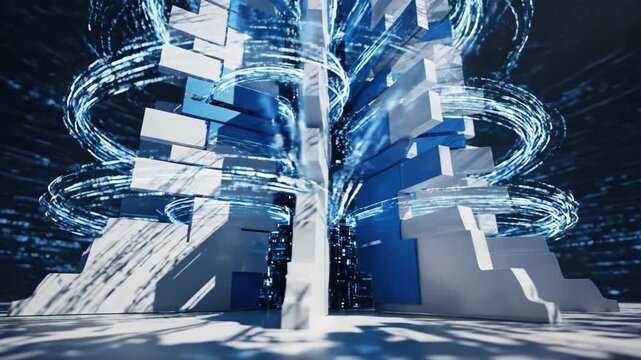 A futuristic digital art installation with glowing blue circuits and white geometric structures