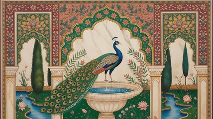 Traditional Mughal garden arch, peacock palace illustration frame for wedding invitation © Urme
