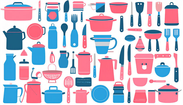 Assortment of pink and blue kitchenware and cooking utensils in flat design. kitchen