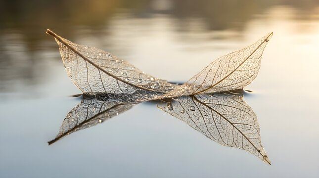 Skeleton Leaf Floating on Clear Calm Water Surface