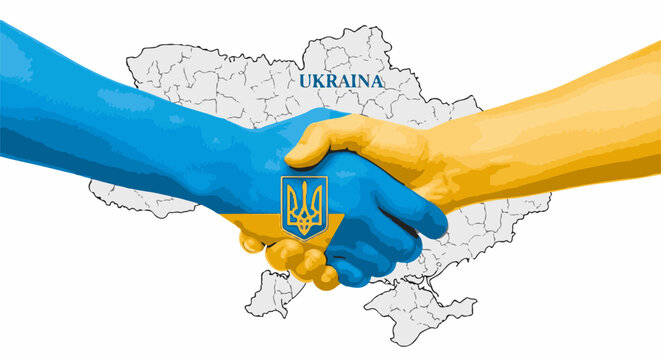 Two hands, one blue and yellow, the other yellow, shake over Ukraine