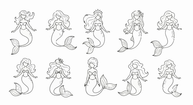 Ten whimsical mermaid illustrations with flowing hair and fishtails