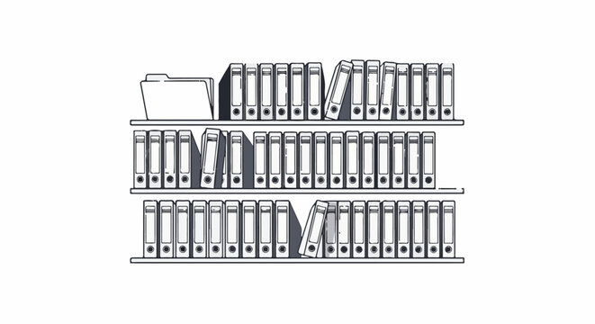 Three shelves filled with ring binders and one folder on the top shelf