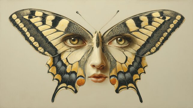 Surrealist Oil Painting Woman Face Integrated into Swallowtail Butterfly Wings Yellow Eyes

