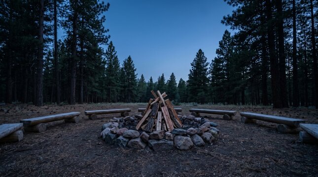 Unlit campfire wood stack with log benches in a pine forest at dusk.