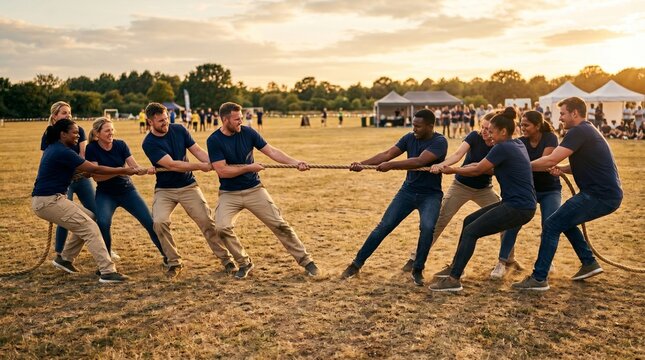 Diverse business team playing tug of war for corporate team building event.