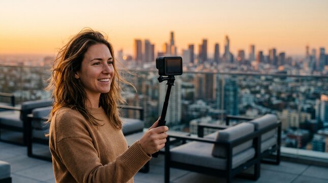 Young woman vlogging with action camera on modern city rooftop.