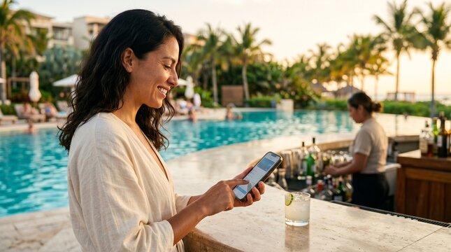 Smiling Hispanic woman using smartphone at luxury resort pool bar during sunset.