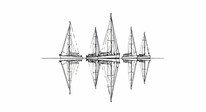 Stylized sketch of sailboats with mirrored reflections on a calm water surface