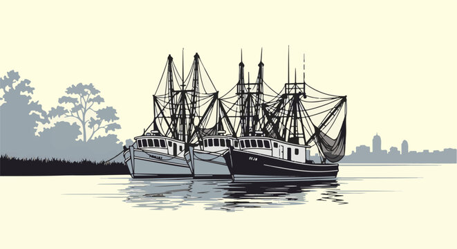 Three fishing trawlers docked on calm water, with trees and city skyline