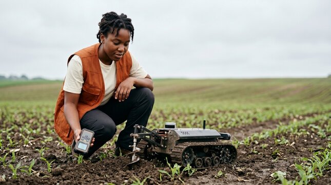 African American woman agronomist using agricultural robot in corn field.