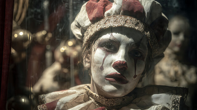 Dramatic sad clown face in vintage circus costume
