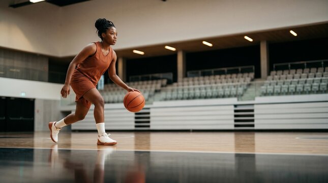 African American woman dribbling basketball in indoor arena.