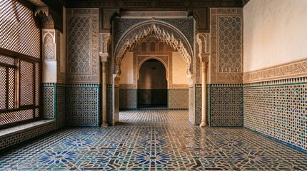 Obraz premium Intricate Islamic Architecture Hallway with Mosaic Tiles and Arches
