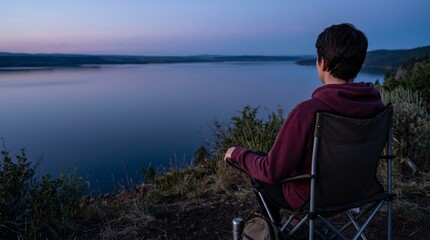 Fototapeta premium Young man sitting in a camping chair overlooking a mountain lake at twilight.