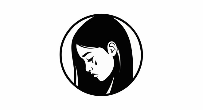 Black and white circular graphic of a crying woman with long hair
