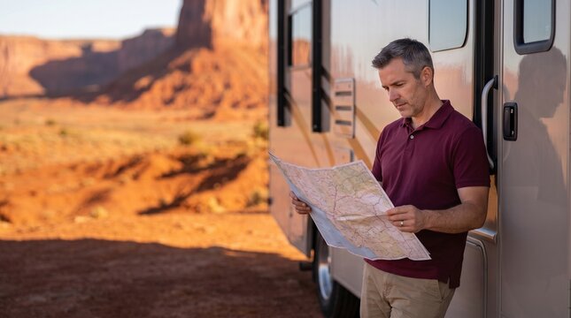 Senior man reading paper map while leaning on motorhome in desert landscape