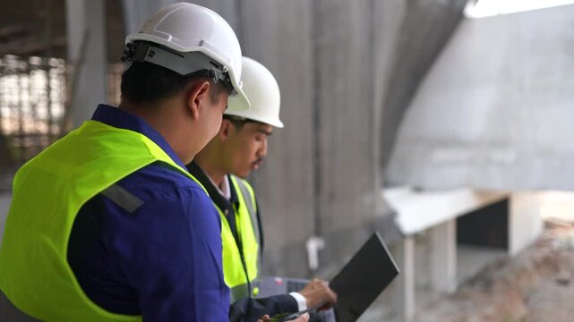 Two Asian construction engineers or site supervisors wearing hard hats and safety vests discussing project details while reviewing digital blueprints on a laptop 
