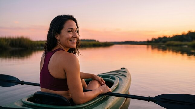 Hispanic woman kayaking on a river during sunset for wellness.
