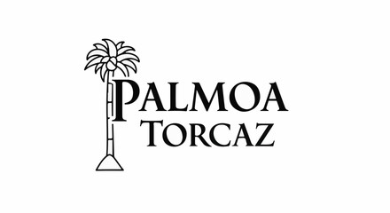 Obraz premium Stylized palm tree next to text. Black and white graphic