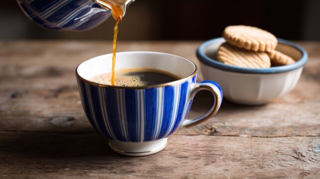 Coffee being poured into a striped cup.