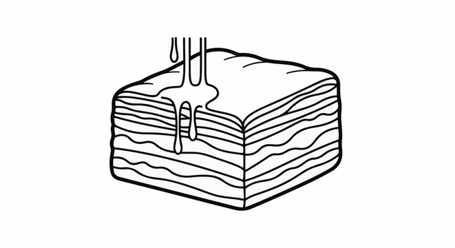 A drawing of a layered pastry being drizzled with a liquid