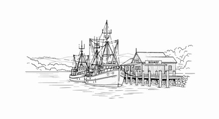 Fototapeta premium Two fishing trawlers docked at a wooden wharf with a mountainous backdrop